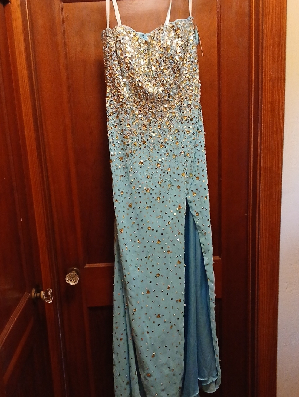 Karishma Aqua Strapless Sequin Gown with High Slit